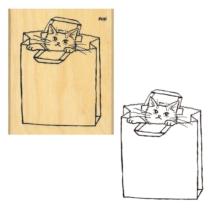 Kodomo No Kao 'I Love Stamp' Series Wood Stamp - Paper Bag Cat