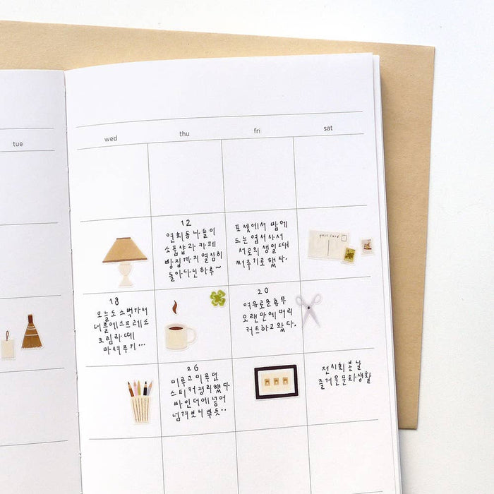Calendar with notes and illustrations on a white background