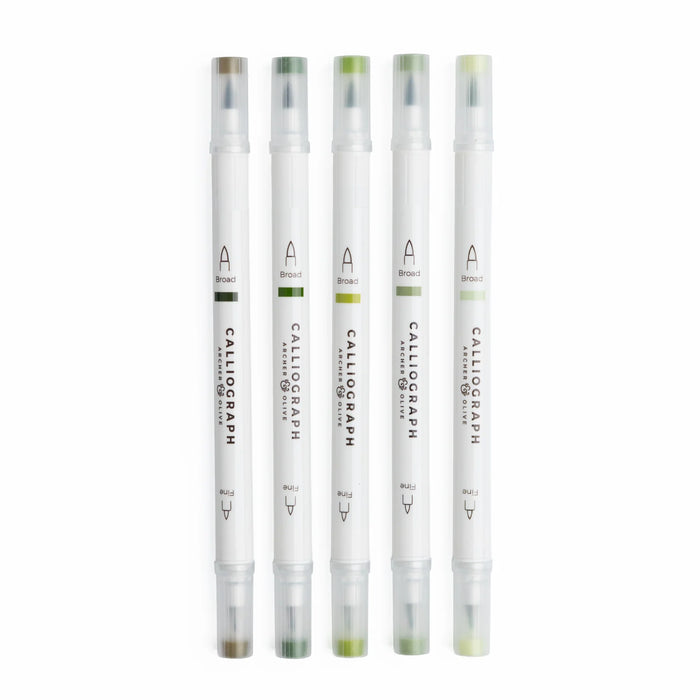 Calliograph Dual-Tipped Brush Pens Set of 5 - Leaf Green Hues